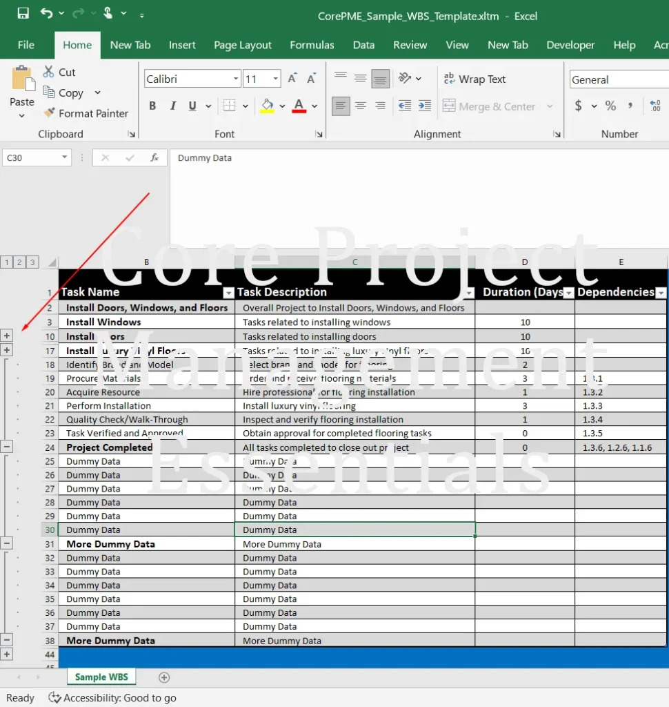 WBS Template – Excel Document with Built-in Macros
